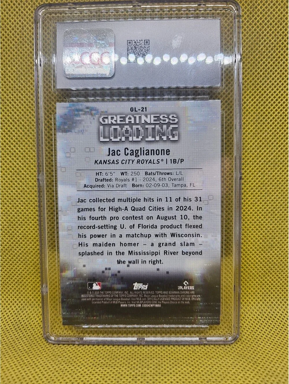 Jac Caglianone (PSA 10 Beckett) #GL-21 - 2025 Bowman Greatness Loading - Royals